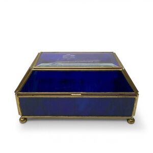 Vintage Cobalt Blue Etched Floral Stained Glass Hinged Trinket Jewelry Box